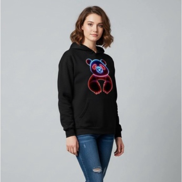 Recycled Fleece Hoddie with Neon Panda Design - Picture 1 of 5